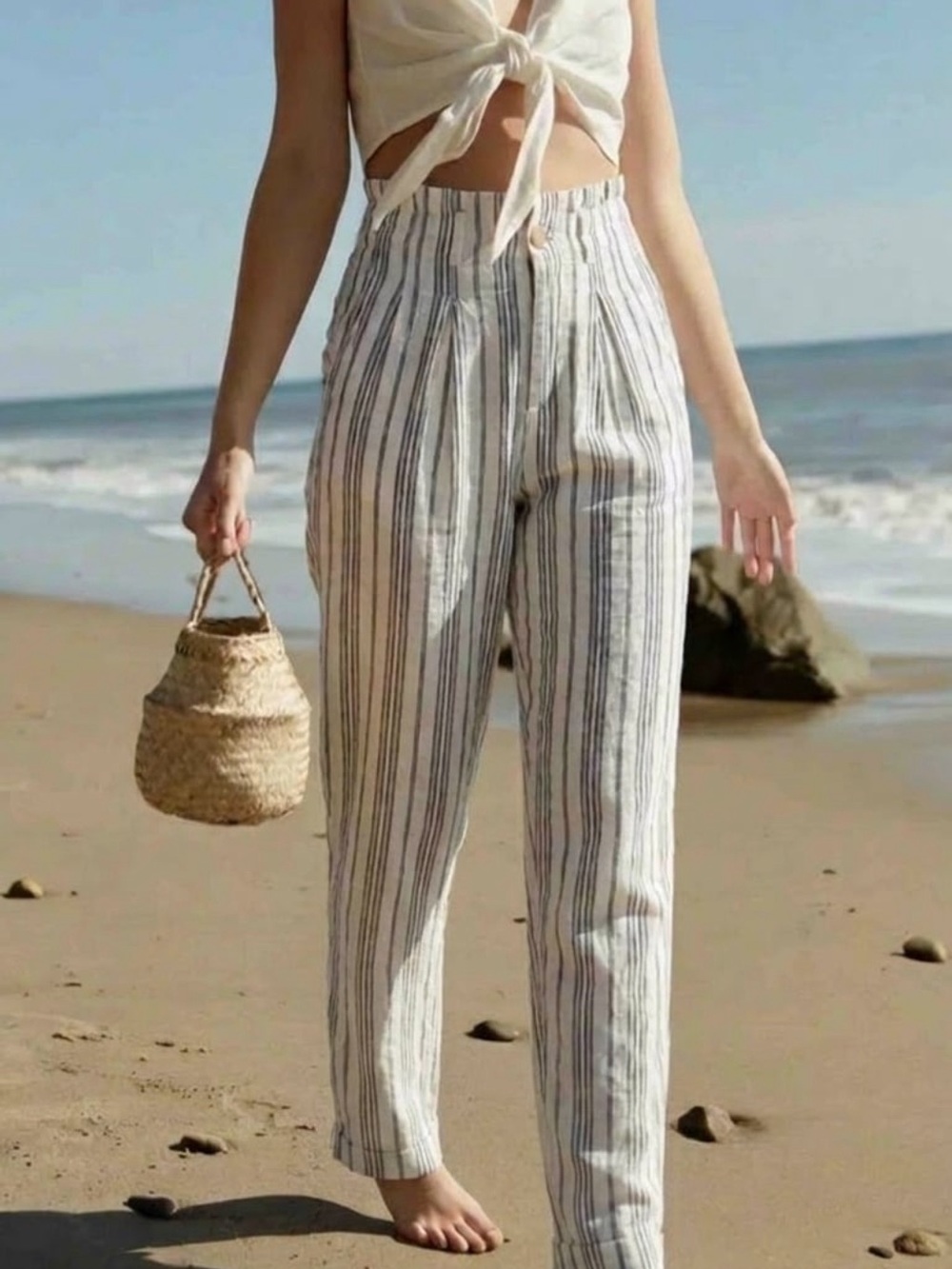 Madewell Linen High Waisted Striped Ankle Pants 00 Coastal Minimalist Beachy